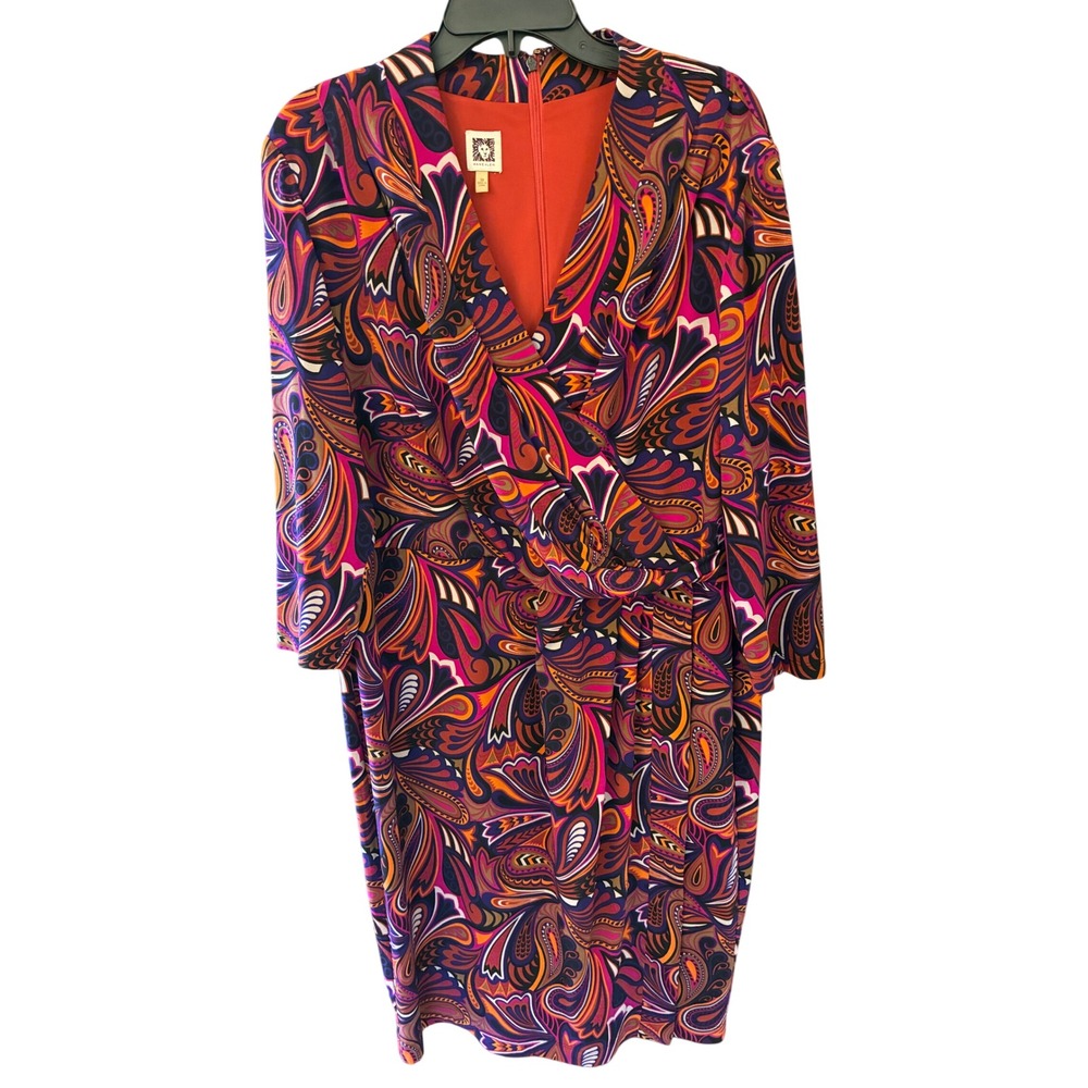 Anne Klein Faux Wrap Dress Women 3X Multi Paisley Excellent Long Sleeve V-Neck